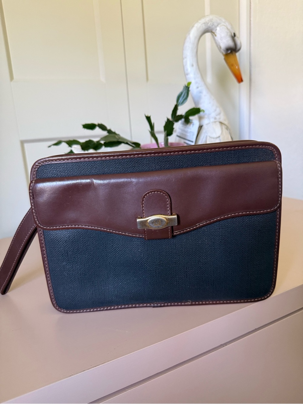 Dunhill Brown Leather & Black Canvas Wristlet Clutch